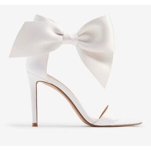 Express Wmn White Satin Oversized Bow Ankle Strap Stiletto Sandals Bridal Prom 8